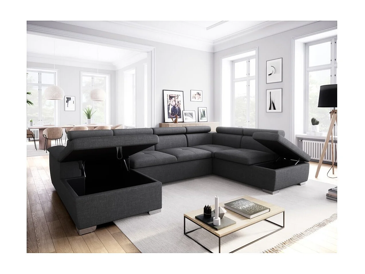Canapé d'angle Panoramique 6 places Paola convertible en Tissu Avec Coffres - Gris anthracite - L322 x P196 x H76cm - Loungitude