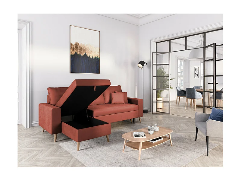 Canapé d'angle Maria scandinave réversible et convertible avec coffre en velours - Rouge brique - L227 x 148 x 95cm - Loungitude