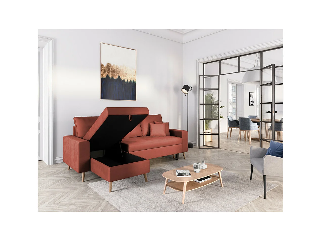 Canapé d'angle Maria scandinave réversible et convertible avec coffre en velours - Rouge brique - L227 x 148 x 95cm - Loungitude