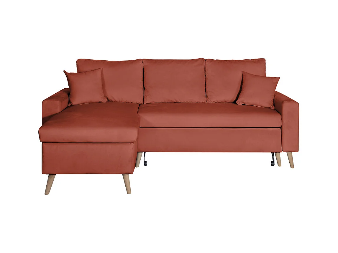 Canapé d'angle Maria scandinave réversible et convertible avec coffre en velours - Rouge brique - L227 x 148 x 95cm - Loungitude