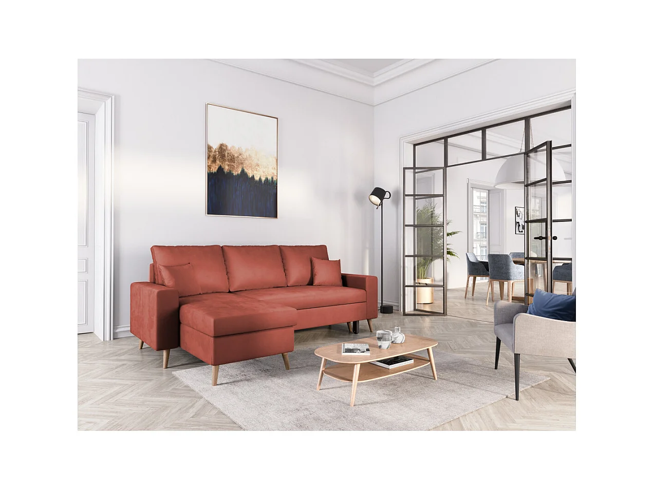 Canapé d'angle Maria scandinave réversible et convertible avec coffre en velours - Rouge brique - L227 x 148 x 95cm - Loungitude