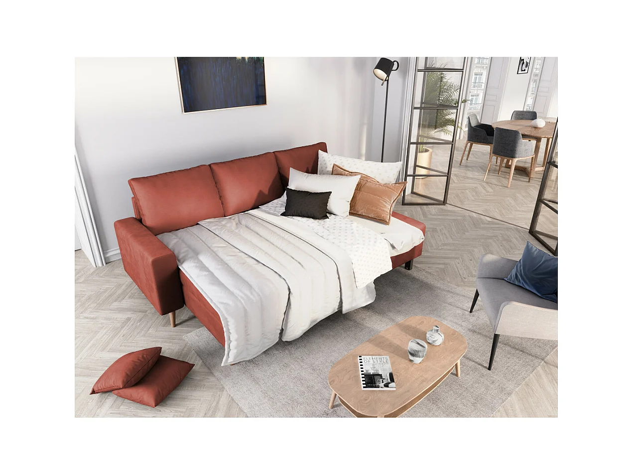 Canapé d'angle Maria scandinave réversible et convertible avec coffre en velours - Rouge brique - L227 x 148 x 95cm - Loungitude