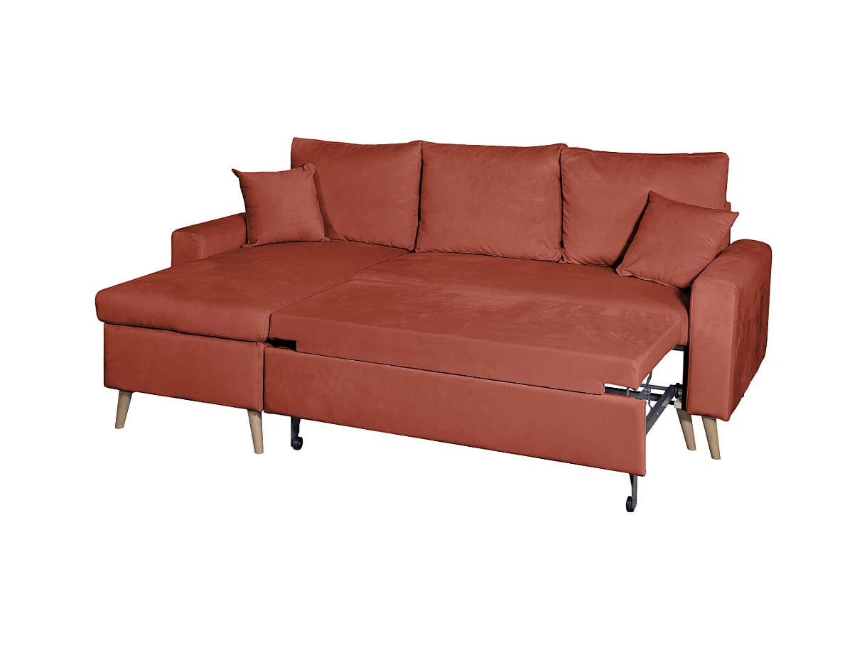 Canapé d'angle Maria scandinave réversible et convertible avec coffre en velours - Rouge brique - L227 x 148 x 95cm - Loungitude