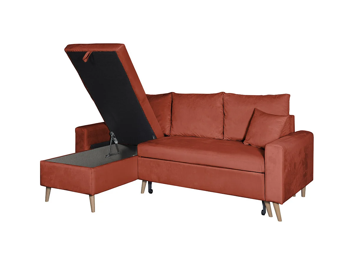 Canapé d'angle Maria scandinave réversible et convertible avec coffre en velours - Rouge brique - L227 x 148 x 95cm - Loungitude