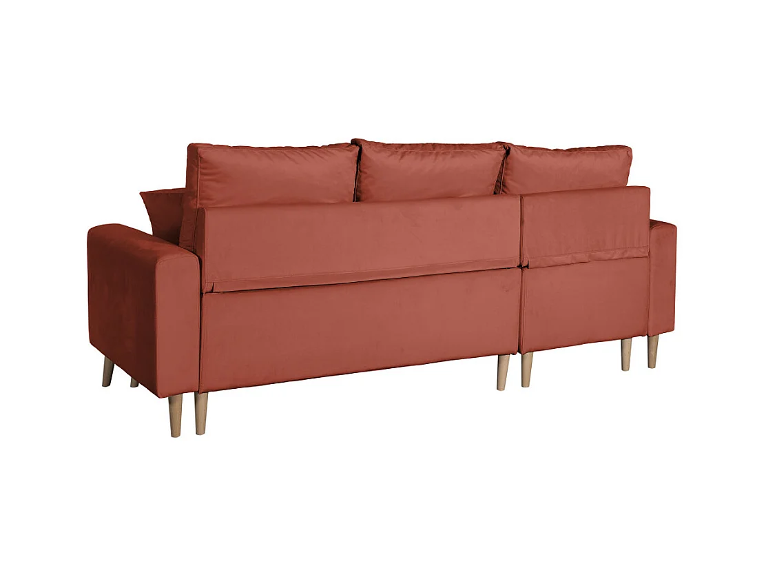 Canapé d'angle Maria scandinave réversible et convertible avec coffre en velours - Rouge brique - L227 x 148 x 95cm - Loungitude