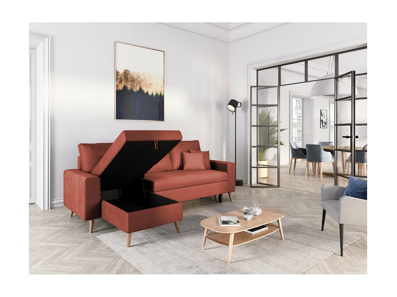 Canapé d'angle Maria scandinave réversible et convertible avec coffre en velours - Rouge brique - L227 x 148 x 95cm - Loungitude