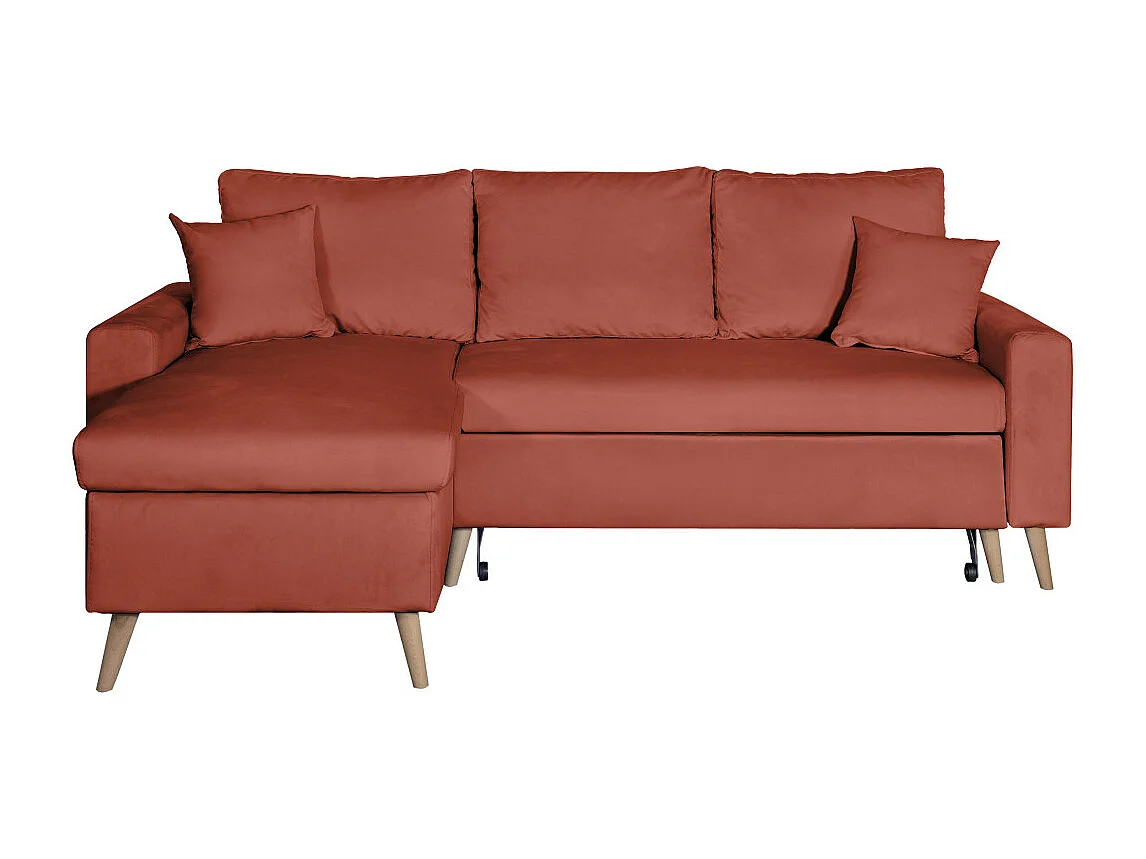 Canapé d'angle Maria scandinave réversible et convertible avec coffre en velours - Rouge brique - L227 x 148 x 95cm - Loungitude