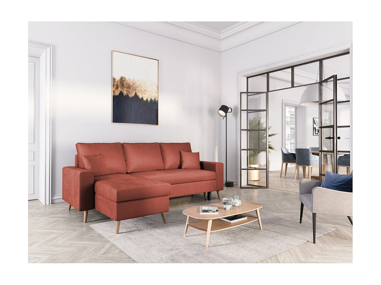 Canapé d'angle Maria scandinave réversible et convertible avec coffre en velours - Rouge brique - L227 x 148 x 95cm - Loungitude