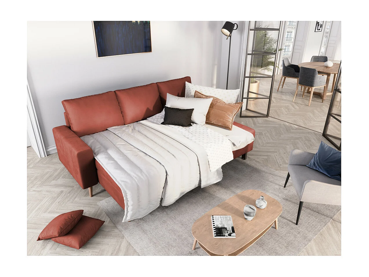 Canapé d'angle Maria scandinave réversible et convertible avec coffre en velours - Rouge brique - L227 x 148 x 95cm - Loungitude