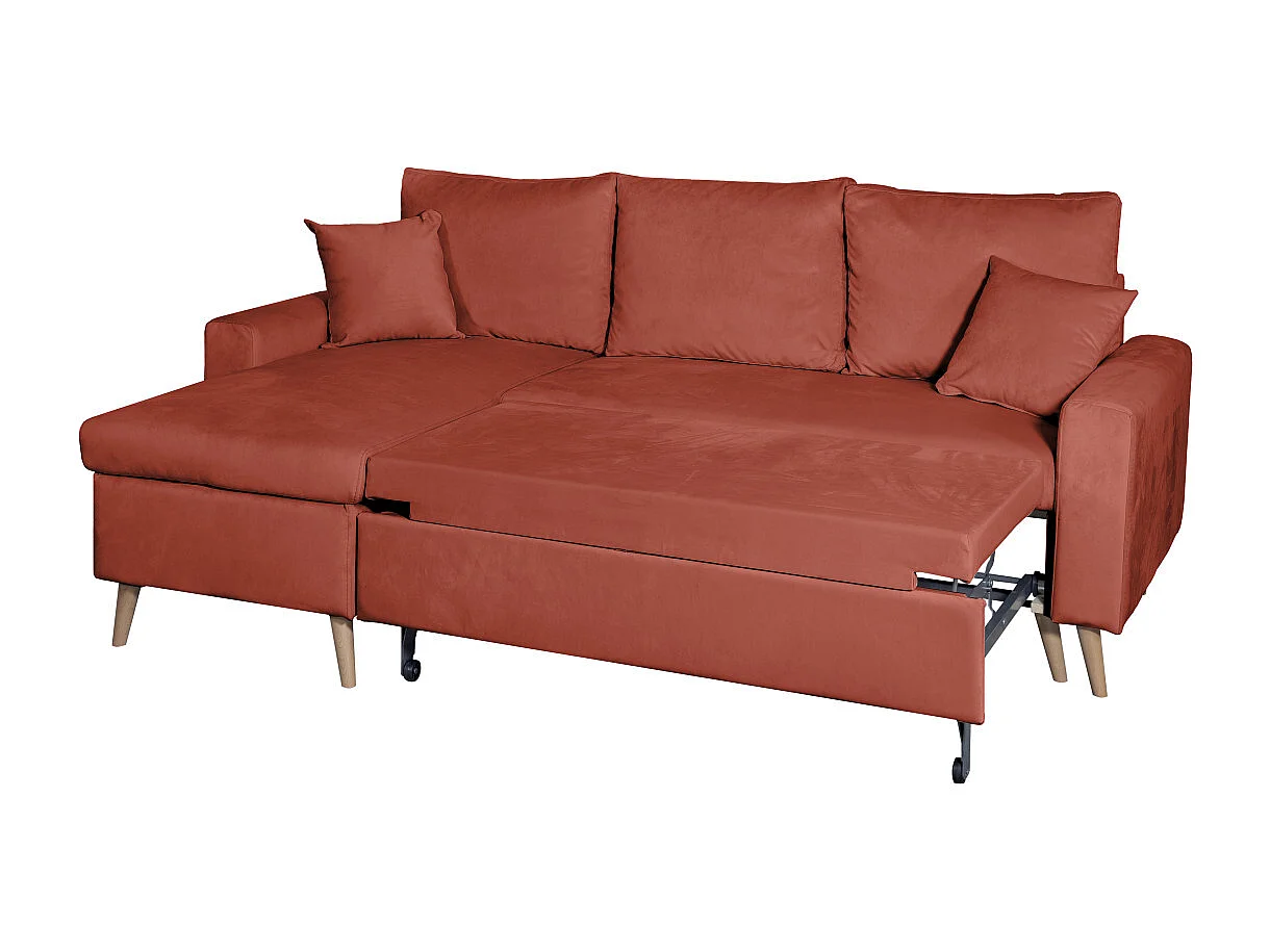 Canapé d'angle Maria scandinave réversible et convertible avec coffre en velours - Rouge brique - L227 x 148 x 95cm - Loungitude