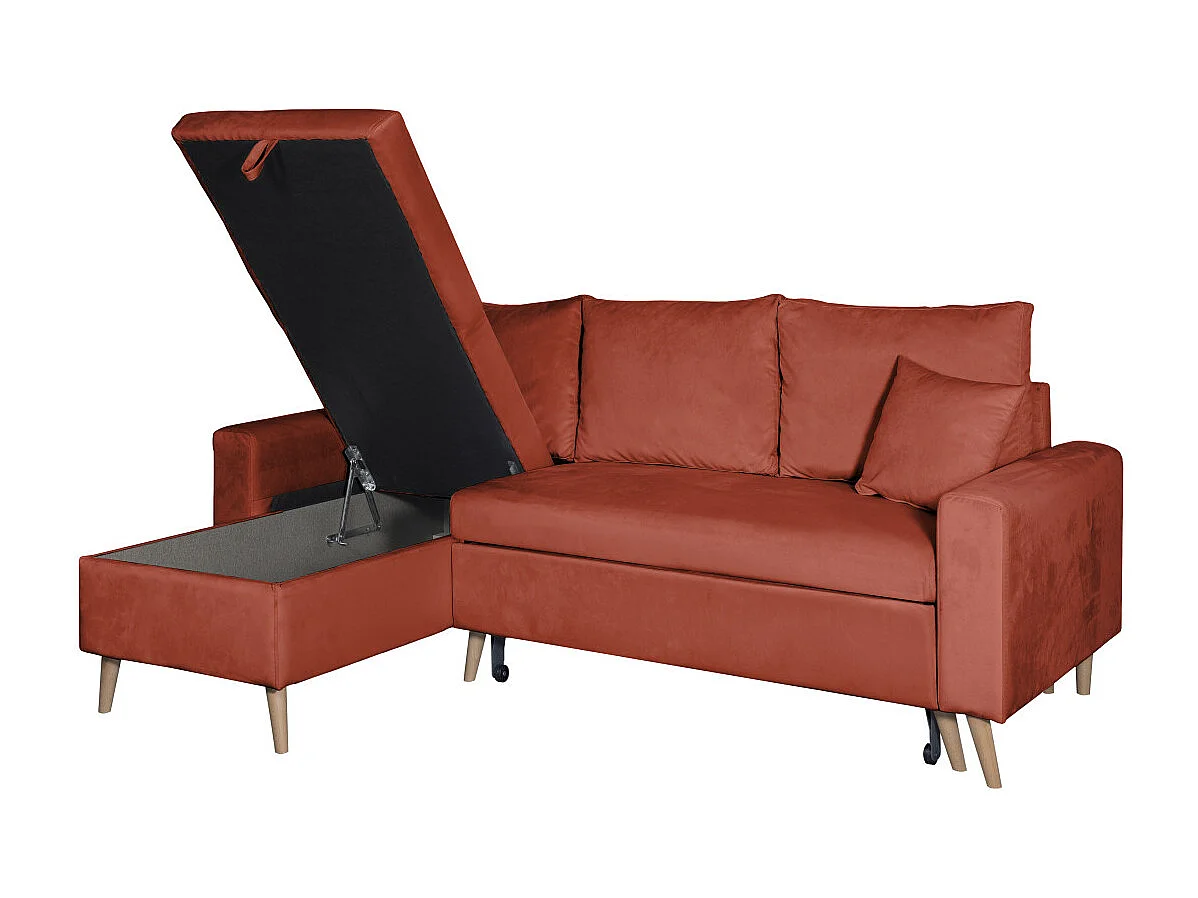 Canapé d'angle Maria scandinave réversible et convertible avec coffre en velours - Rouge brique - L227 x 148 x 95cm - Loungitude