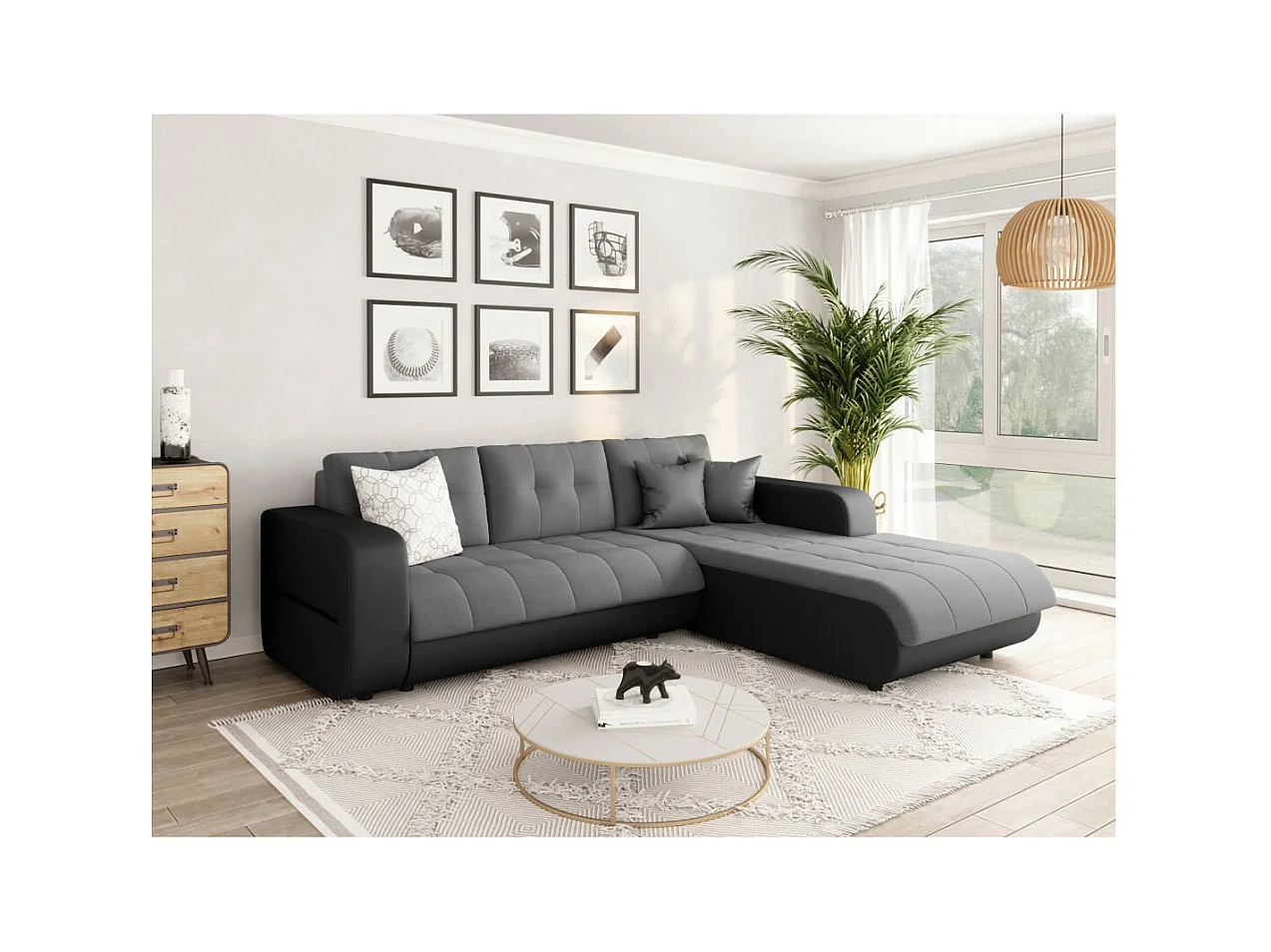 Canapé d'angle Droit 4 places Suzie Convertible en Simili et Microfibre - Gris et Noir - L246 x 188 x 80cm - Loungitude