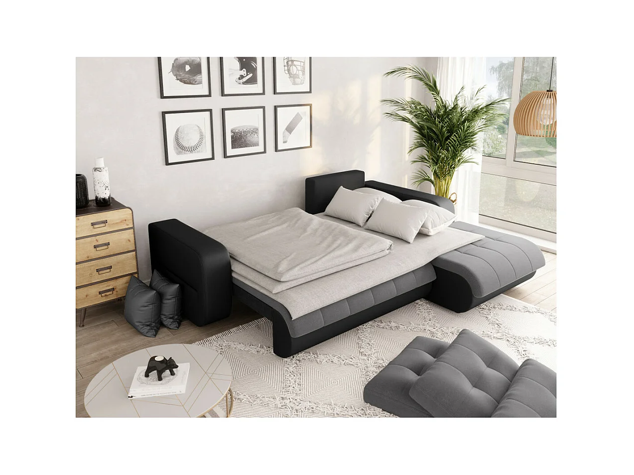 Canapé d'angle Droit 4 places Suzie Convertible en Simili et Microfibre - Gris et Noir - L246 x 188 x 80cm - Loungitude