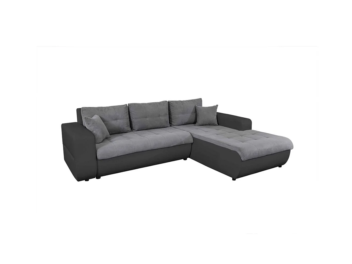 Canapé d'angle Droit 4 places Suzie Convertible en Simili et Microfibre - Gris et Noir - L246 x 188 x 80cm - Loungitude