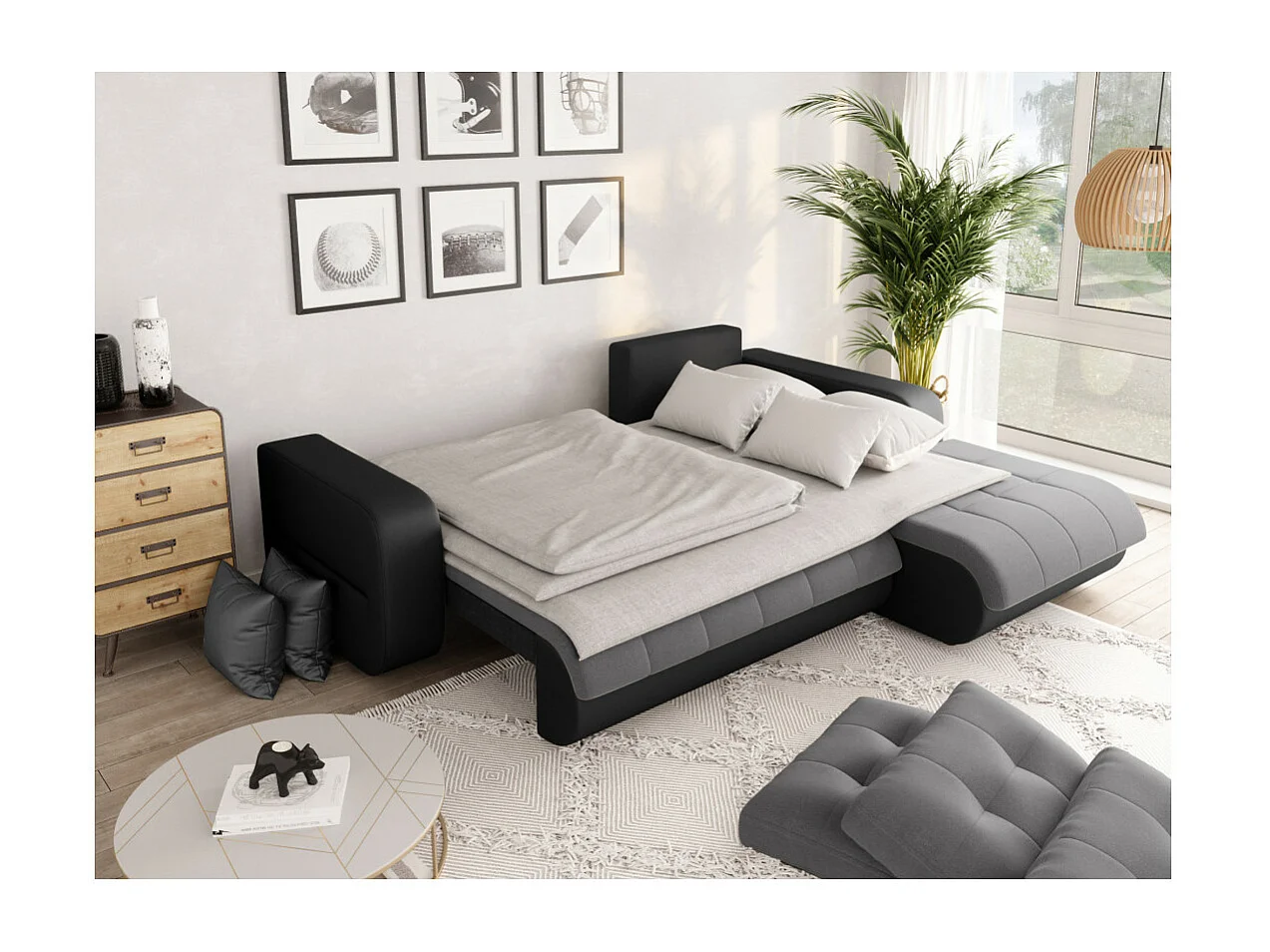 Canapé d'angle Droit 4 places Suzie convertible en Simili et Microfibre - Gris et Noir - L246 x 188 x 80cm - Loungitude