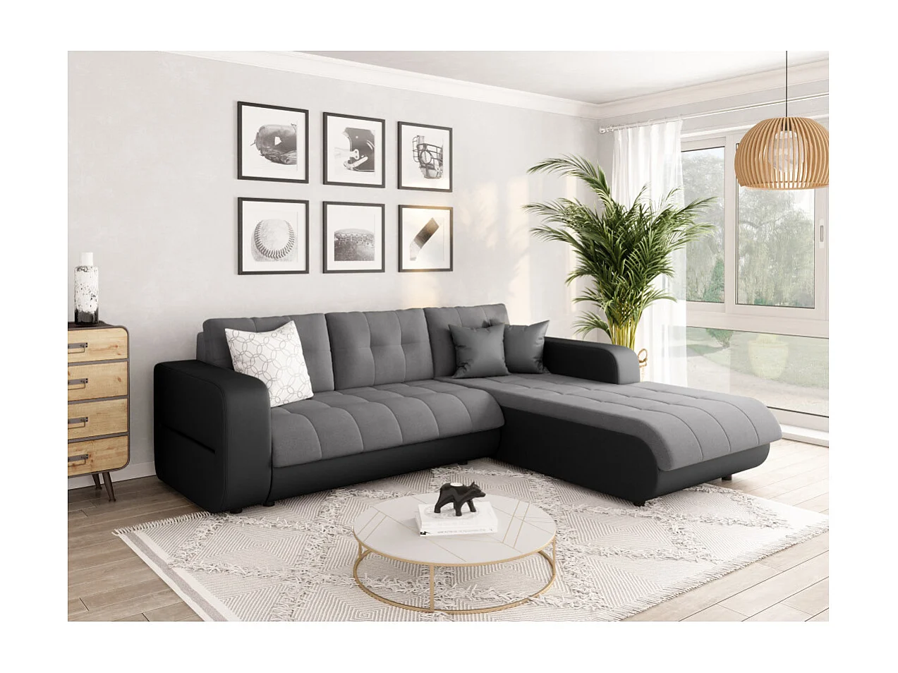 Canapé d'angle Droit 4 places Suzie convertible en Simili et Microfibre - Gris et Noir - L246 x 188 x 80cm - Loungitude