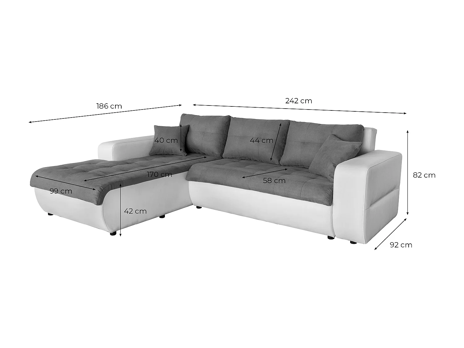 Canapé d'angle Droit 4 places Suzie convertible en Simili et Microfibre - Gris et Noir - L246 x 188 x 80cm - Loungitude