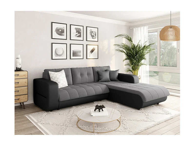 Canapé d'angle Droit 4 places Suzie convertible en Simili et Microfibre - Gris et Noir - L246 x 188 x 80cm - Loungitude