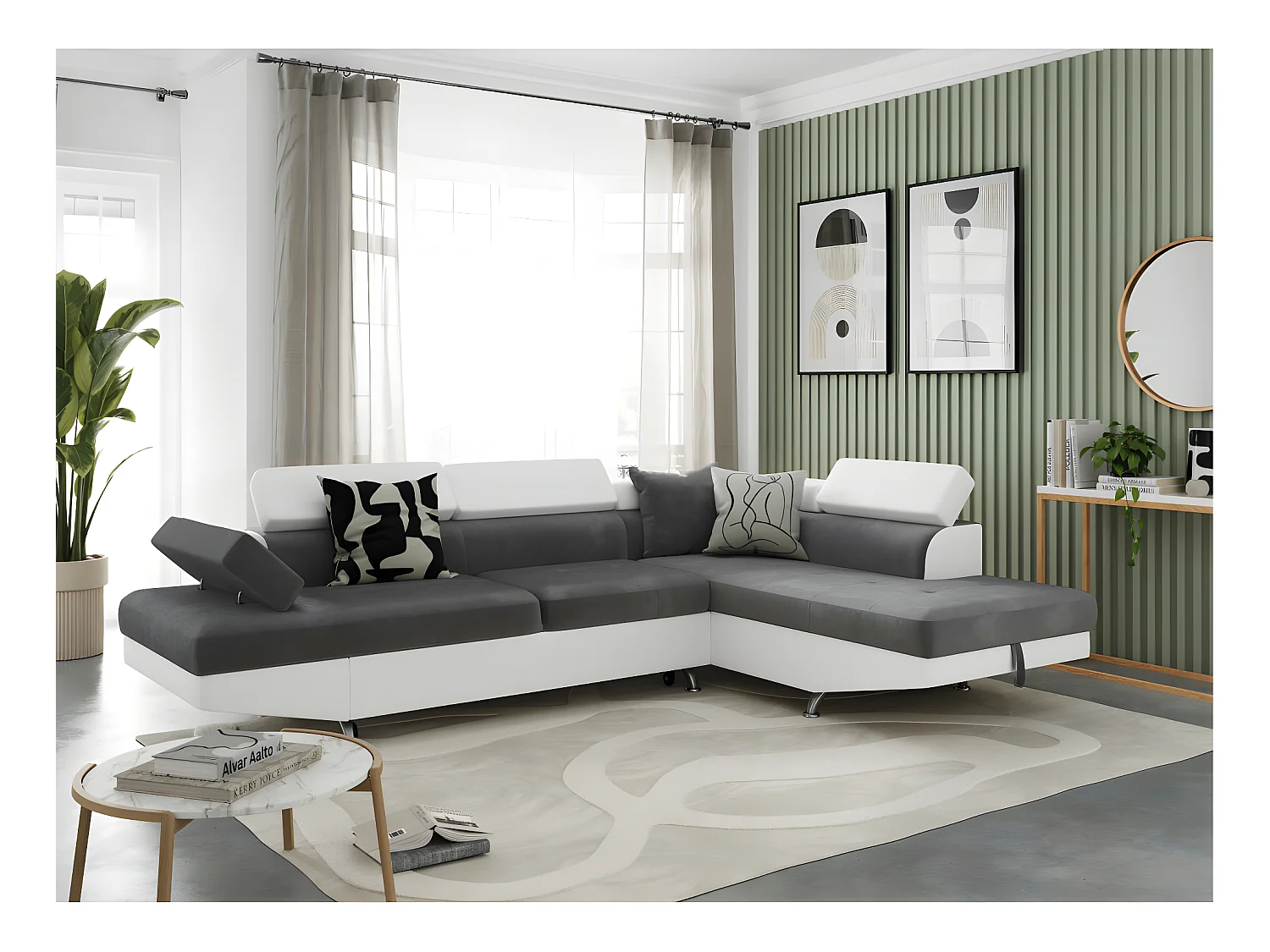 Canapé d'angle droit 5 places Rio Convertible avec coffre en microfibre et simili - Blanc/Gris - L271 x P192 x H70cm - Loungitude