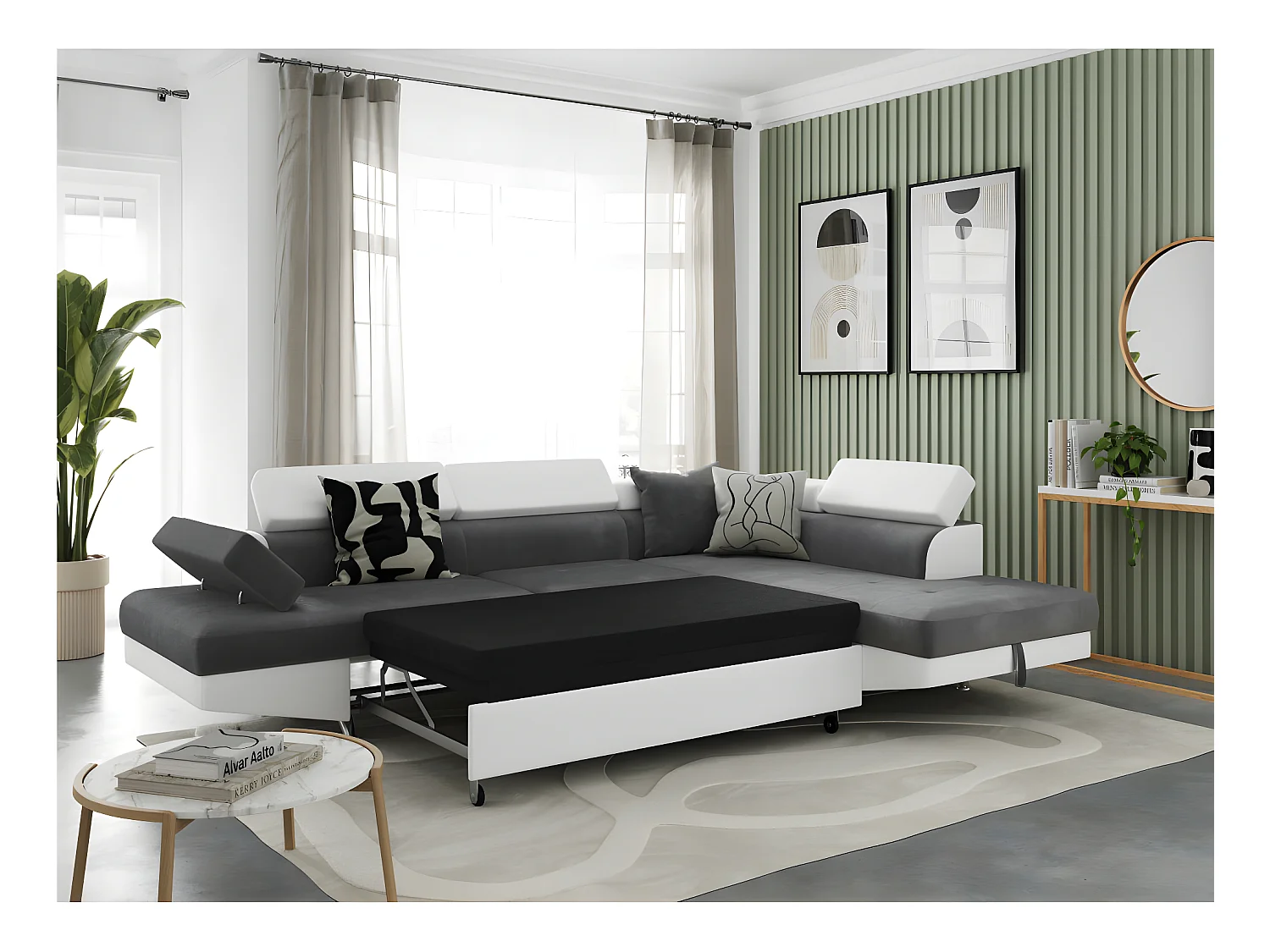 Canapé d'angle droit 5 places Rio Convertible avec coffre en microfibre et simili - Blanc/Gris - L271 x P192 x H70cm - Loungitude