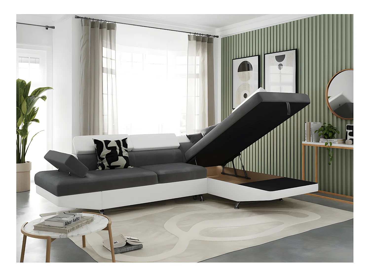 Canapé d'angle droit 5 places Rio Convertible avec coffre en microfibre et simili - Blanc/Gris - L271 x P192 x H70cm - Loungitude