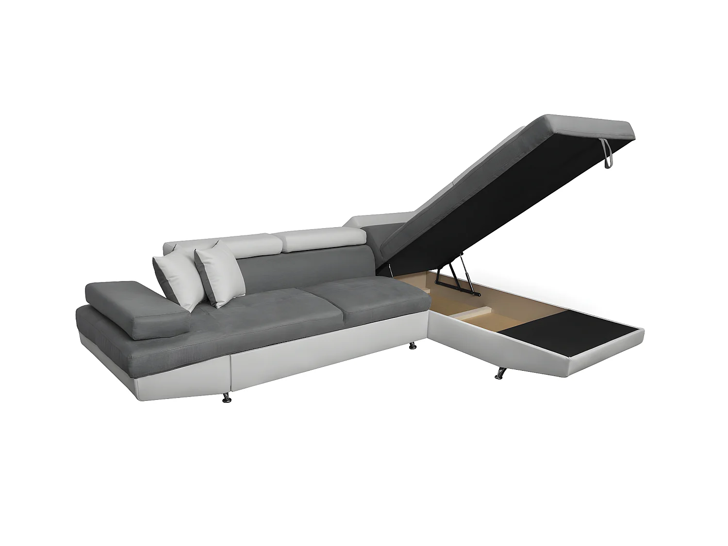 Canapé d'angle droit 5 places Rio Convertible avec coffre en microfibre et simili - Blanc/Gris - L271 x P192 x H70cm - Loungitude