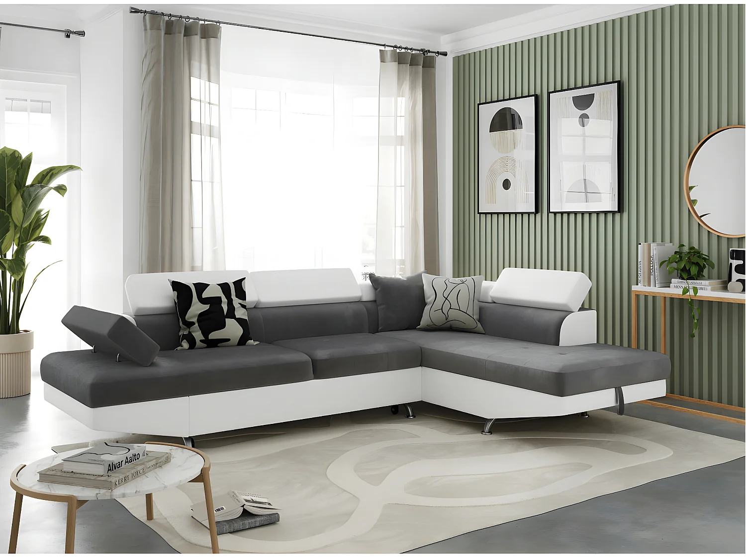 Canapé d'angle droit 5 places Rio convertible avec coffre en microfibre et simili - Blanc/Gris - L271 x P192 x H70cm - Loungitude