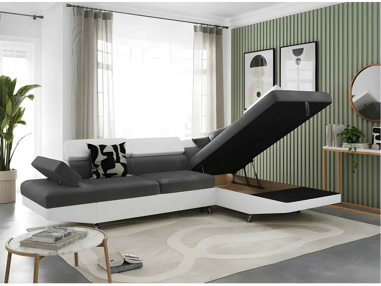 Canapé d'angle droit 5 places Rio convertible avec coffre en microfibre et simili - Blanc/Gris - L271 x P192 x H70cm - Loungitude