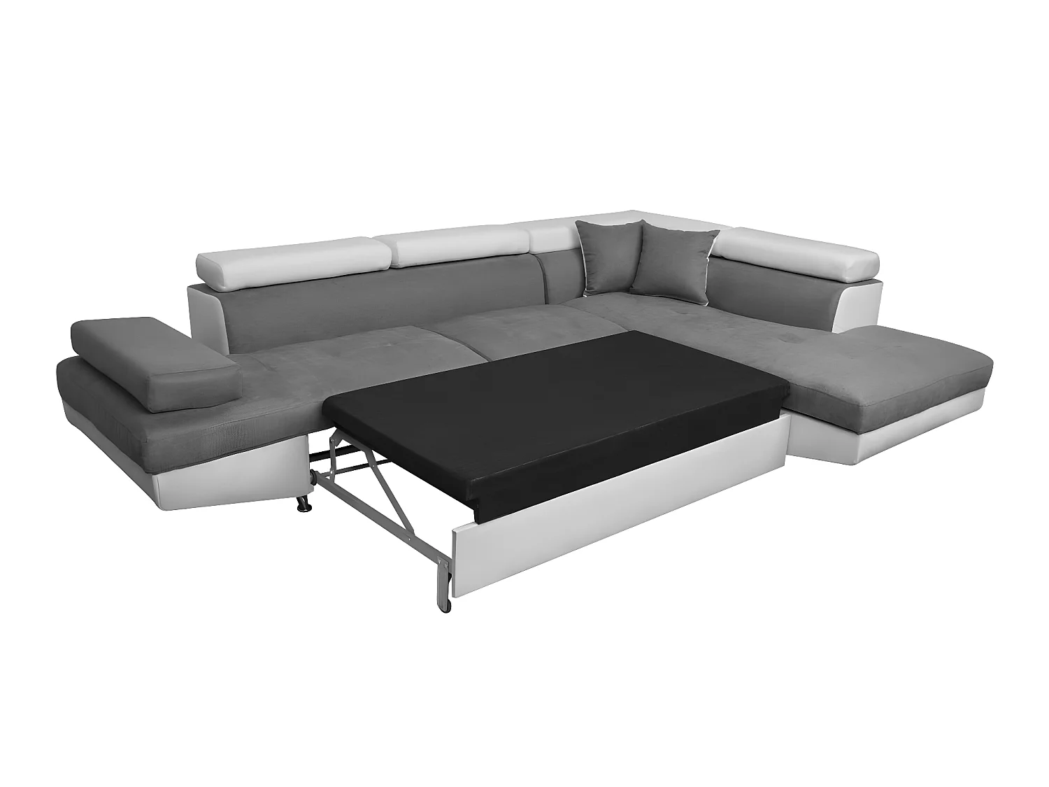 Canapé d'angle droit 5 places Rio convertible avec coffre en microfibre et simili - Blanc/Gris - L271 x P192 x H70cm - Loungitude