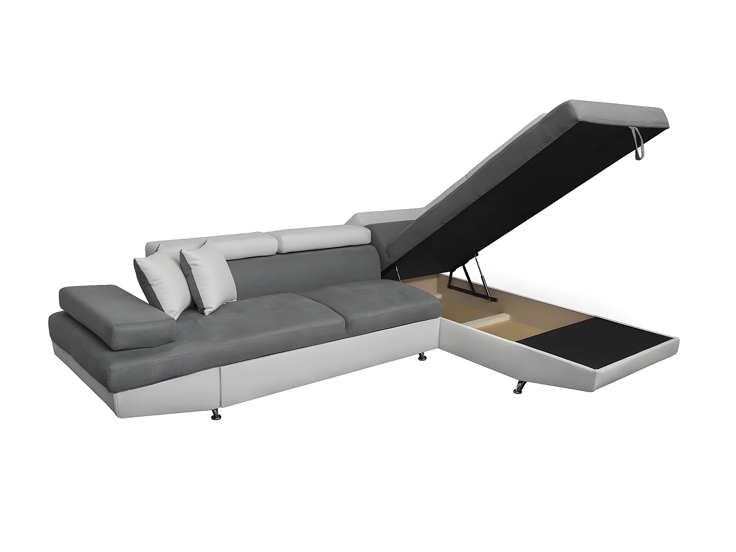 Canapé d'angle droit 5 places Rio convertible avec coffre en microfibre et simili - Blanc/Gris - L271 x P192 x H70cm - Loungitude