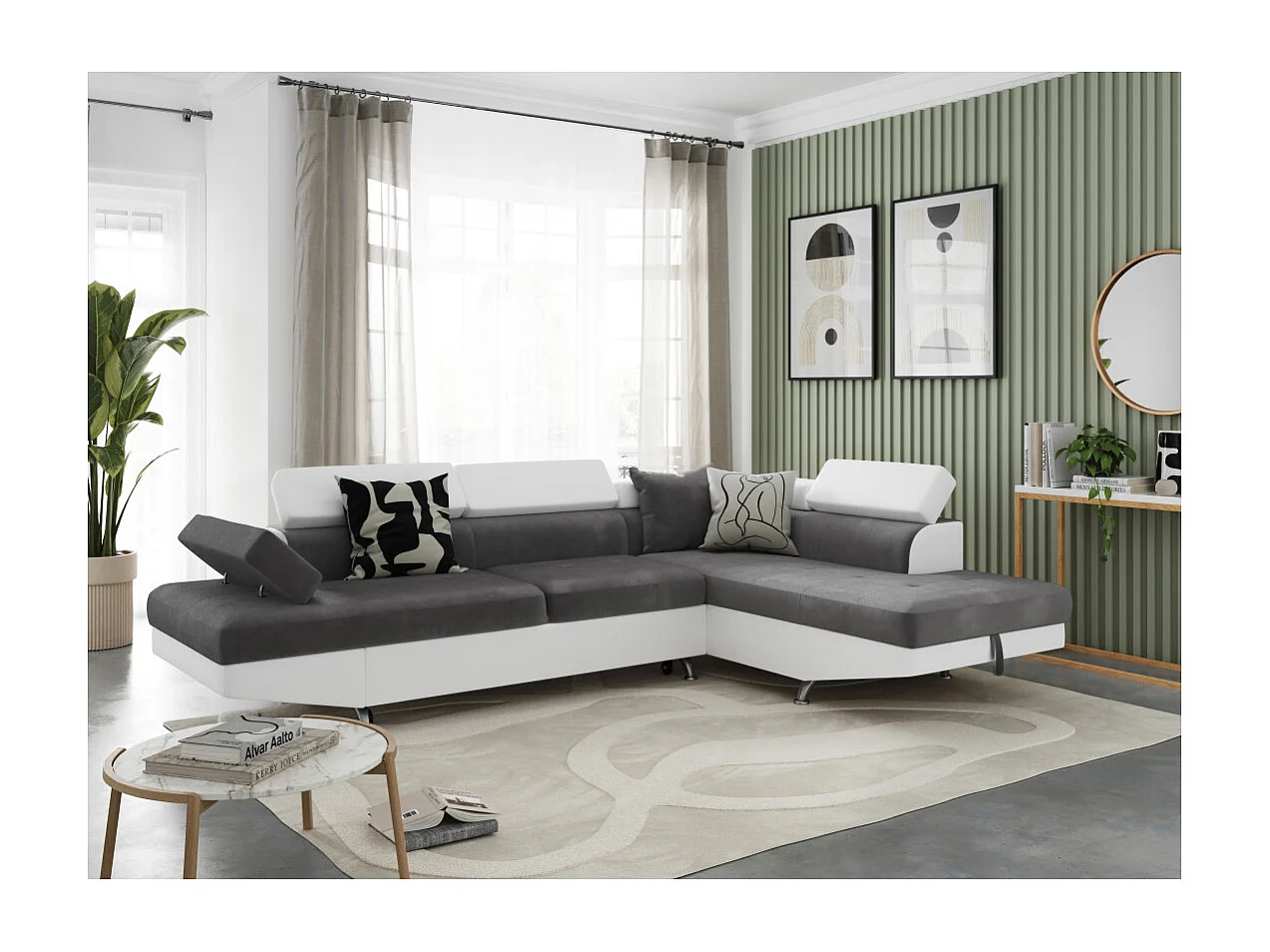 Canapé d'angle droit 5 places Rio convertible avec coffre en microfibre et simili - Blanc/Gris - L271 x P192 x H70cm - Loungitude