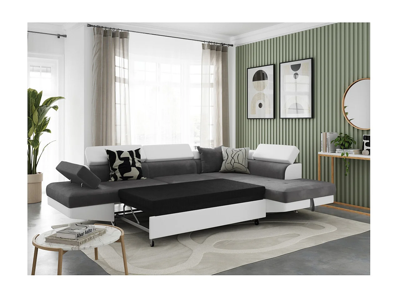 Canapé d'angle droit 5 places Rio convertible avec coffre en microfibre et simili - Blanc/Gris - L271 x P192 x H70cm - Loungitude