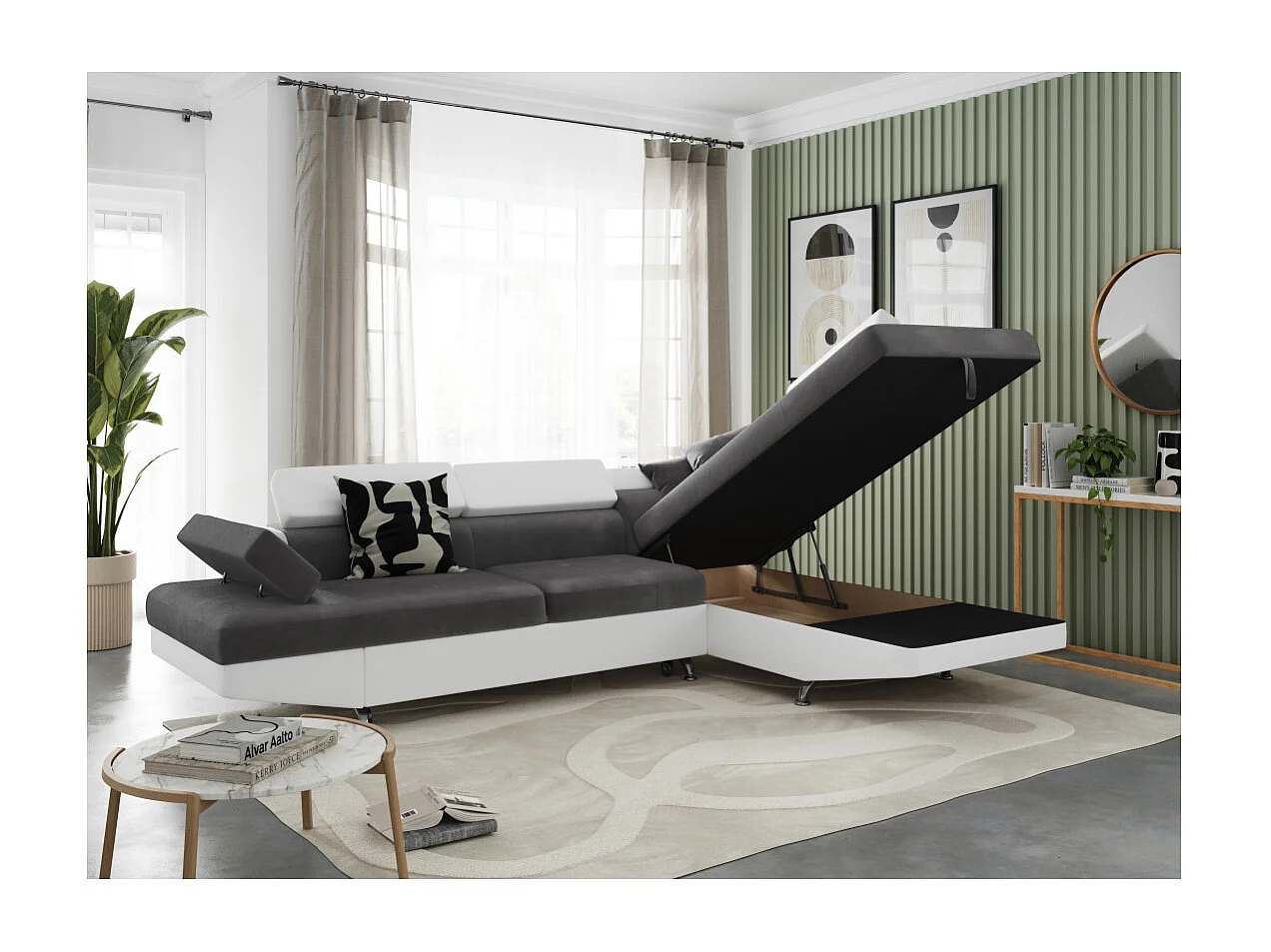 Canapé d'angle droit 5 places Rio convertible avec coffre en microfibre et simili - Blanc/Gris - L271 x P192 x H70cm - Loungitude