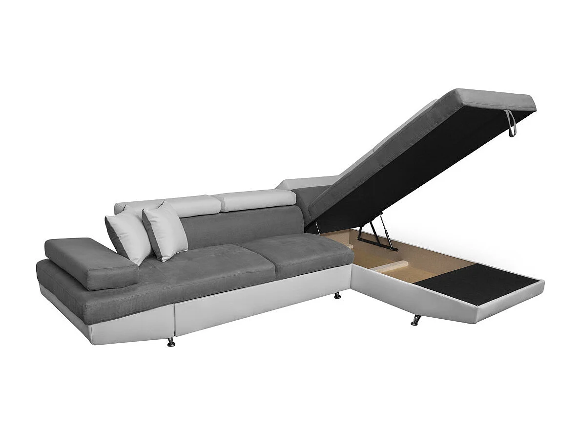 Canapé d'angle droit 5 places Rio convertible avec coffre en microfibre et simili - Blanc/Gris - L271 x P192 x H70cm - Loungitude