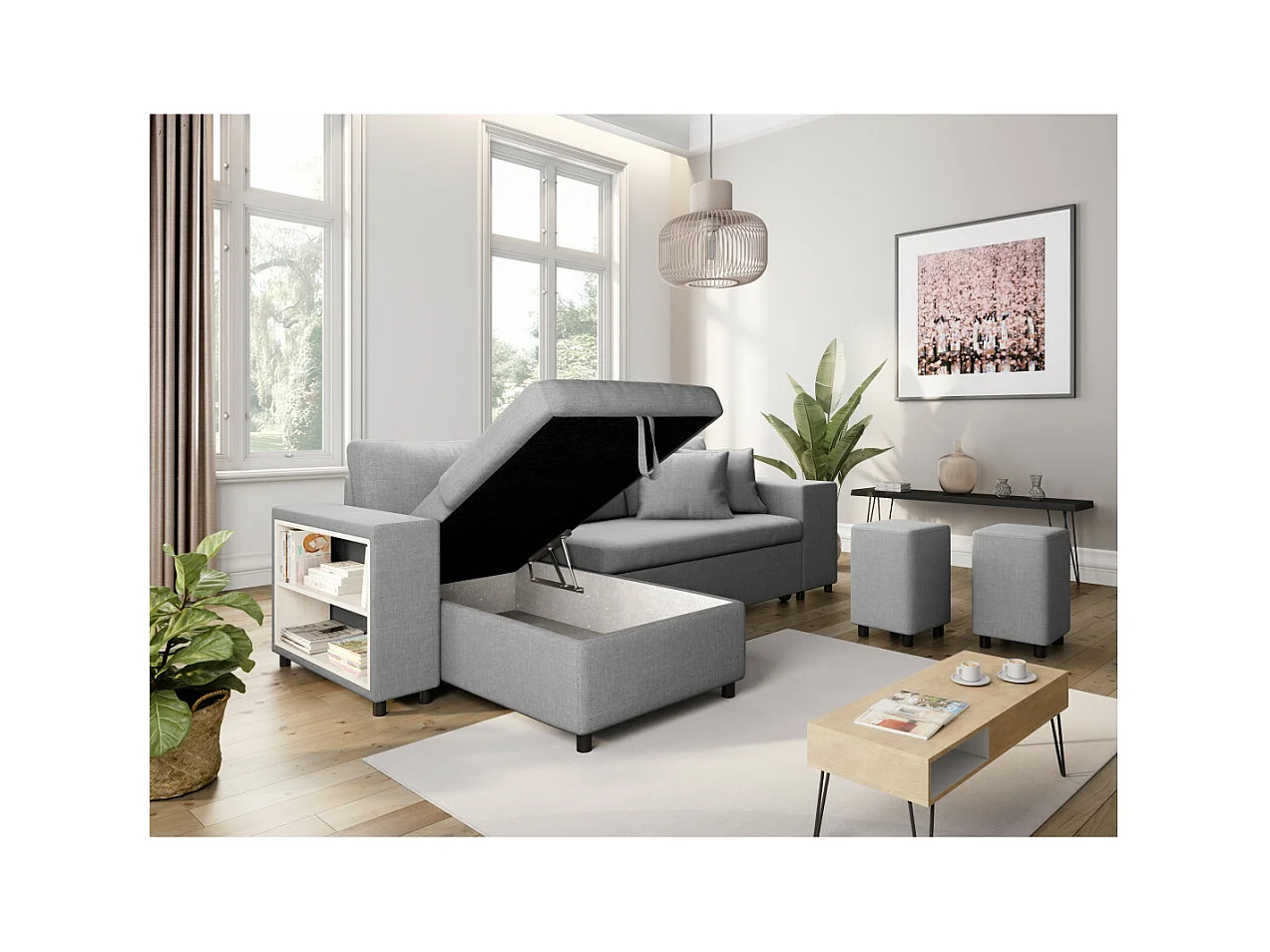 Canapé d'angle réversible Mady avec coffre accoudoir étagère et poufs droit en tissu- Gris clair - L254 x P146 x H81cm - Loungitude