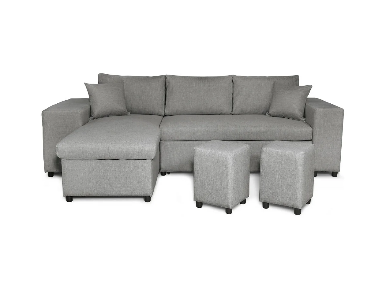 Canapé d'angle réversible Mady avec coffre accoudoir étagère et poufs droit en tissu- Gris clair - L254 x P146 x H81cm - Loungitude