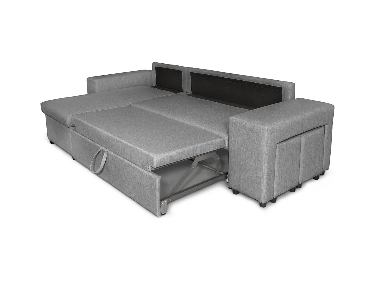 Canapé d'angle réversible Mady avec coffre accoudoir étagère et poufs droit en tissu- Gris clair - L254 x P146 x H81cm - Loungitude