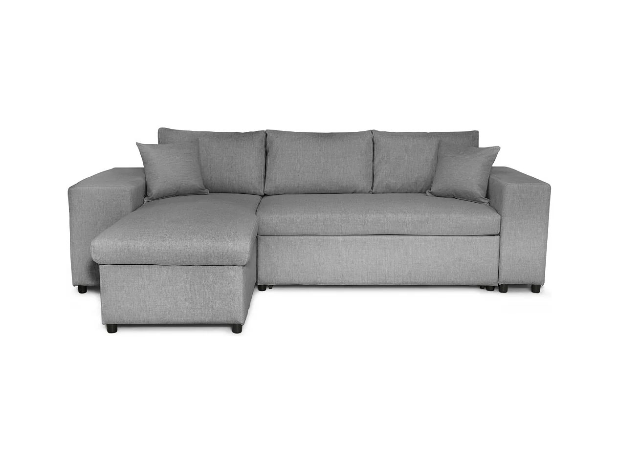 Canapé d'angle réversible Mady avec coffre accoudoir étagère et poufs droit en tissu- Gris clair - L254 x P146 x H81cm - Loungitude