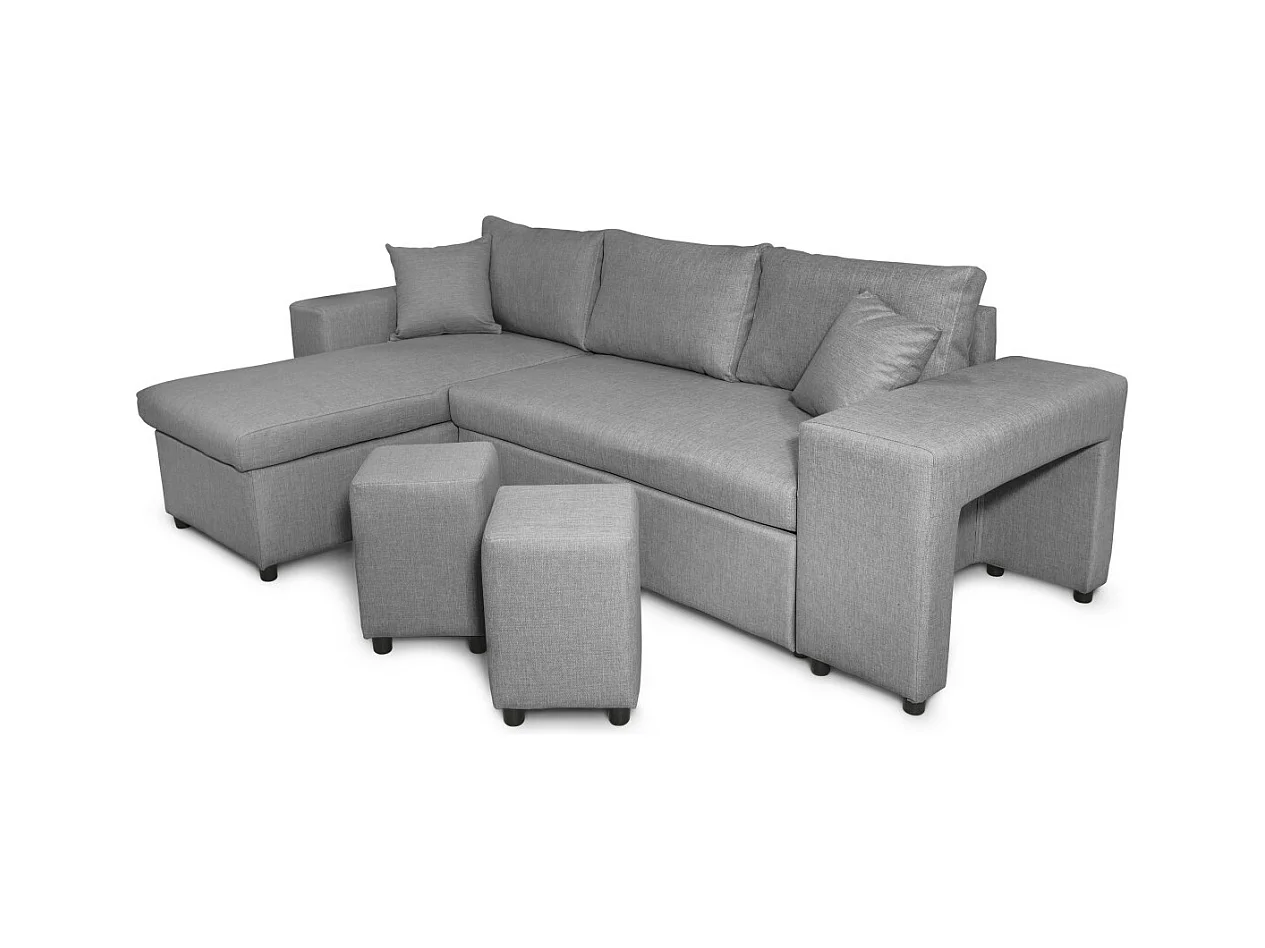Canapé d'angle réversible Mady avec coffre accoudoir étagère et poufs droit en tissu- Gris clair - L254 x P146 x H81cm - Loungitude