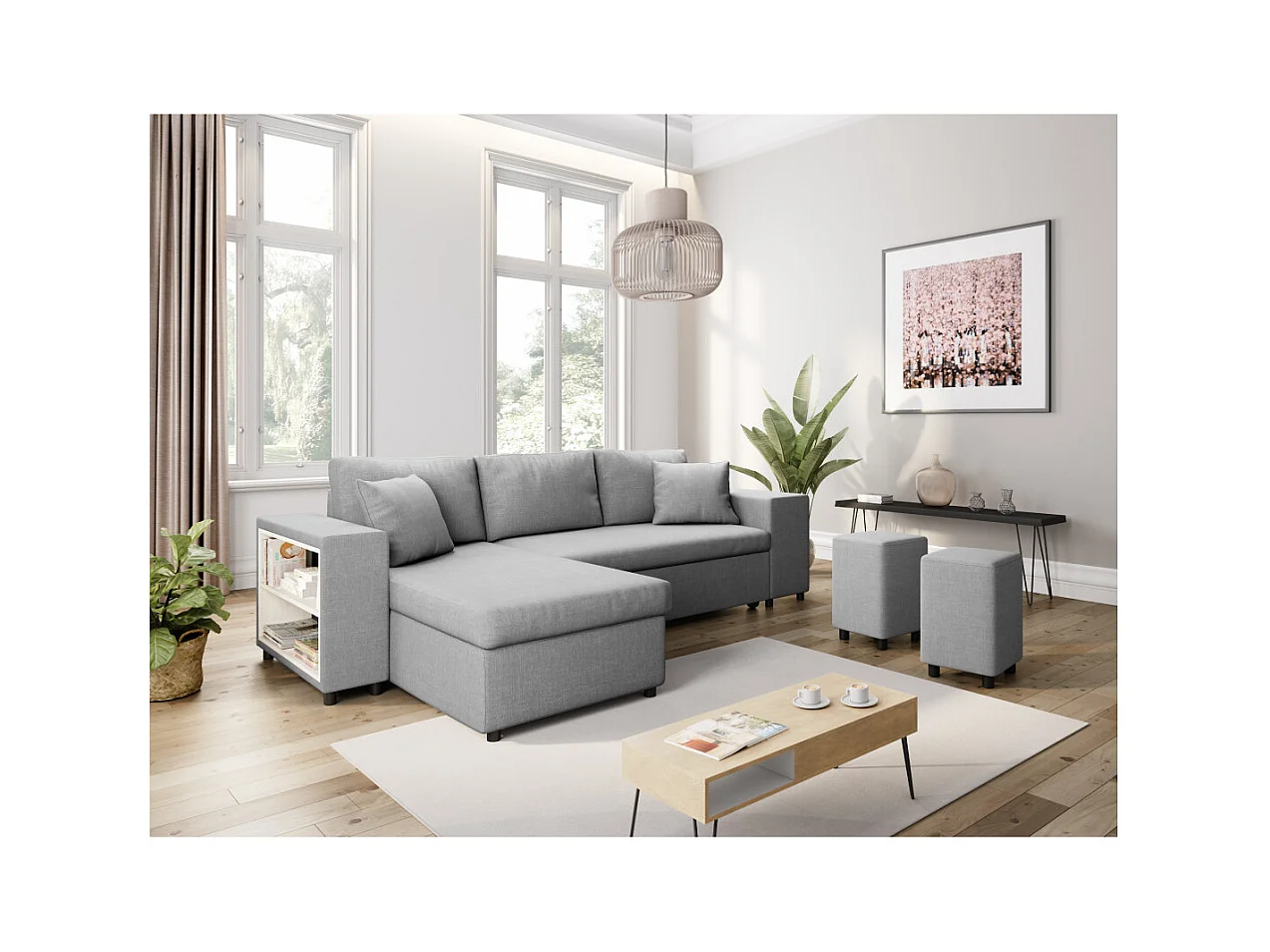 Canapé d'angle réversible Mady avec coffre accoudoir étagère et poufs droit en tissu- Gris clair - L254 x P146 x H81cm - Loungitude