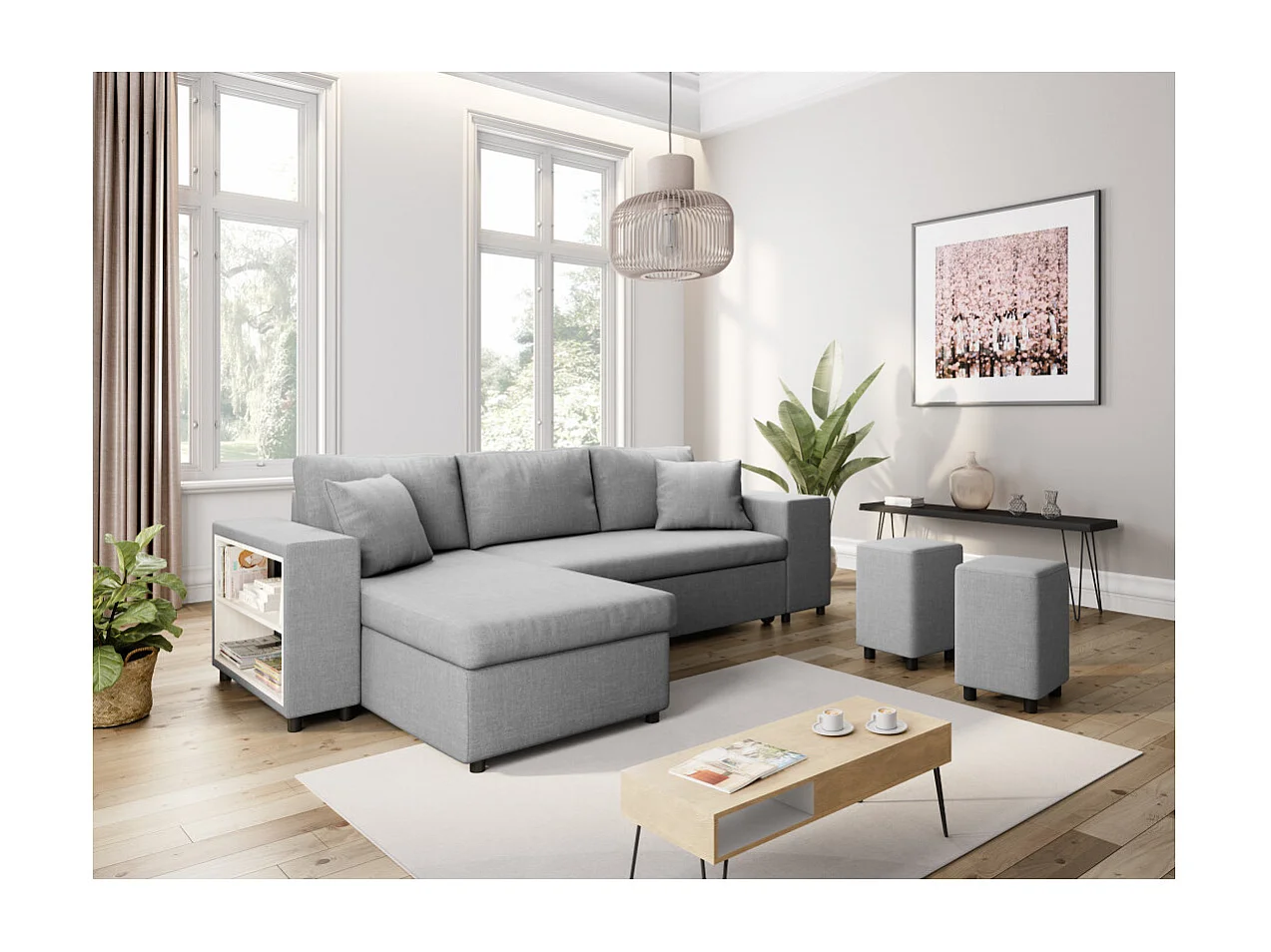 Canapé d'angle réversible Mady avec coffre accoudoir étagère et poufs droit en tissu- Gris clair - L254 x P146 x H81cm - Loungitude