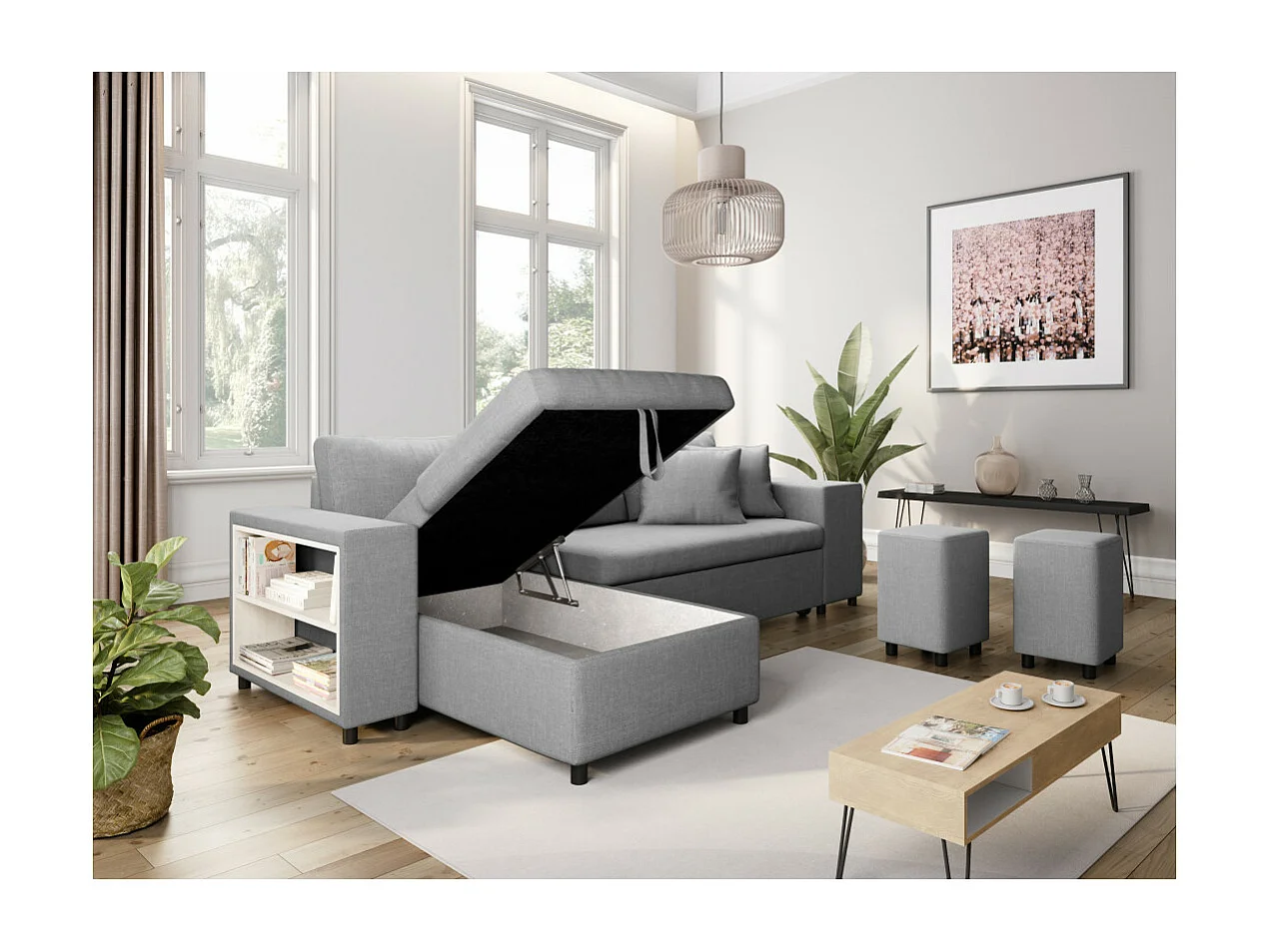 Canapé d'angle réversible Mady avec coffre accoudoir étagère et poufs droit en tissu- Gris clair - L254 x P146 x H81cm - Loungitude