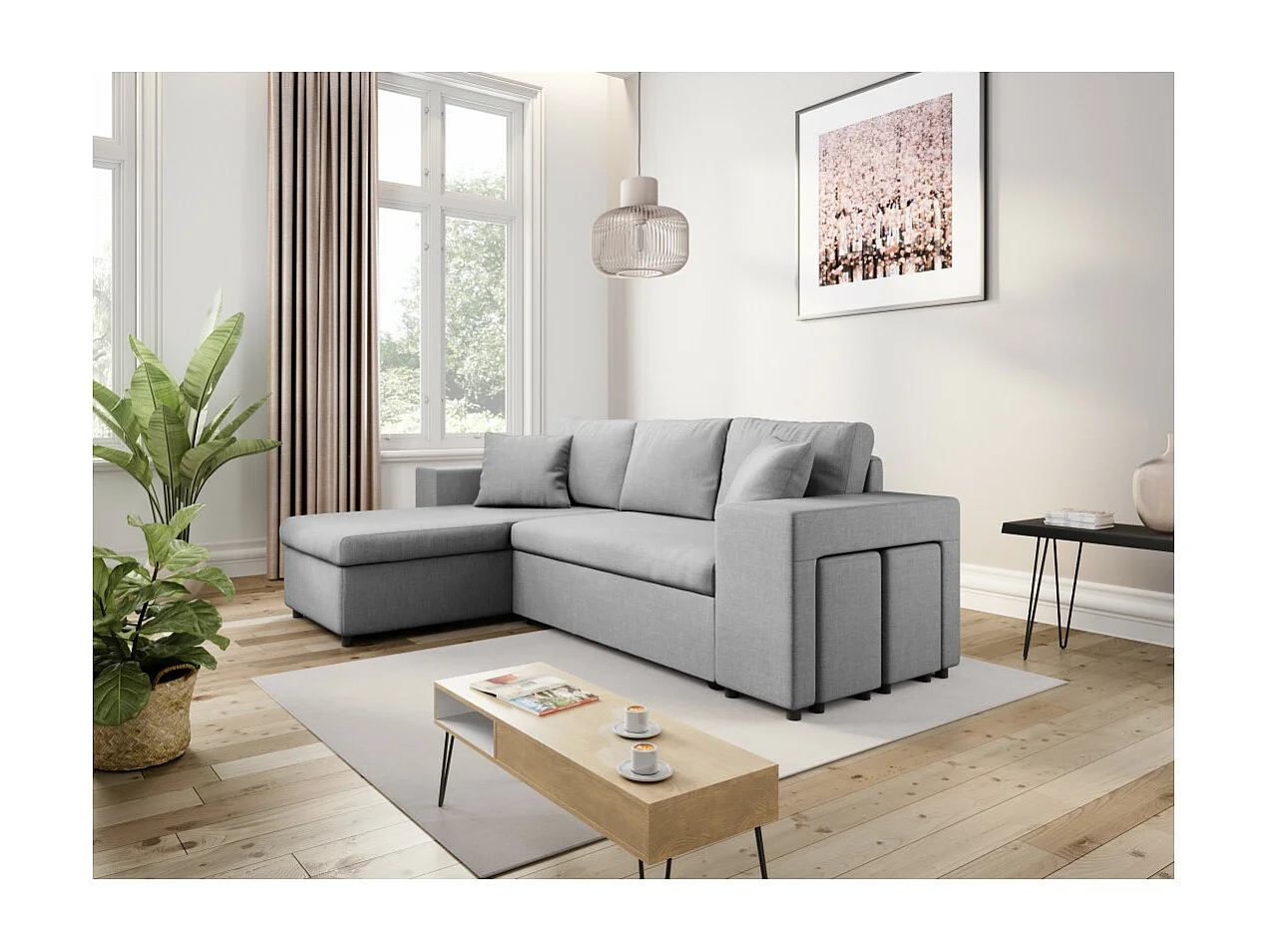 Canapé d'angle réversible Mady avec coffre accoudoir étagère et poufs droit en tissu- Gris clair - L254 x P146 x H81cm - Loungitude