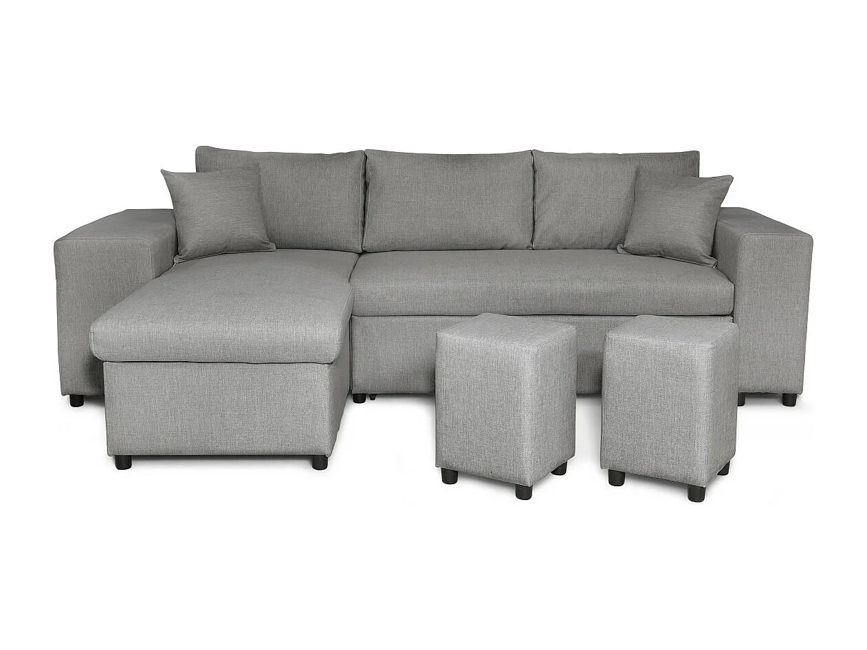 Canapé d'angle réversible Mady avec coffre accoudoir étagère et poufs droit en tissu- Gris clair - L254 x P146 x H81cm - Loungitude