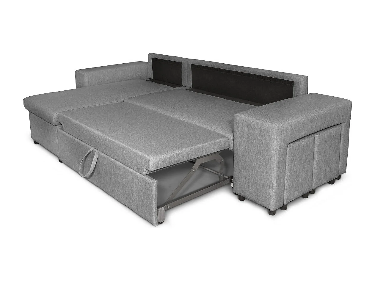 Canapé d'angle réversible Mady avec coffre accoudoir étagère et poufs droit en tissu- Gris clair - L254 x P146 x H81cm - Loungitude