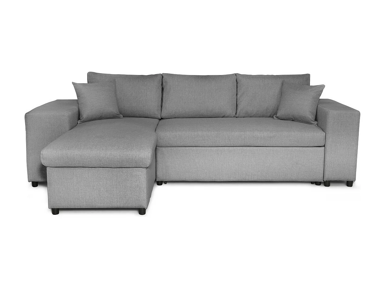 Canapé d'angle réversible Mady avec coffre accoudoir étagère et poufs droit en tissu- Gris clair - L254 x P146 x H81cm - Loungitude