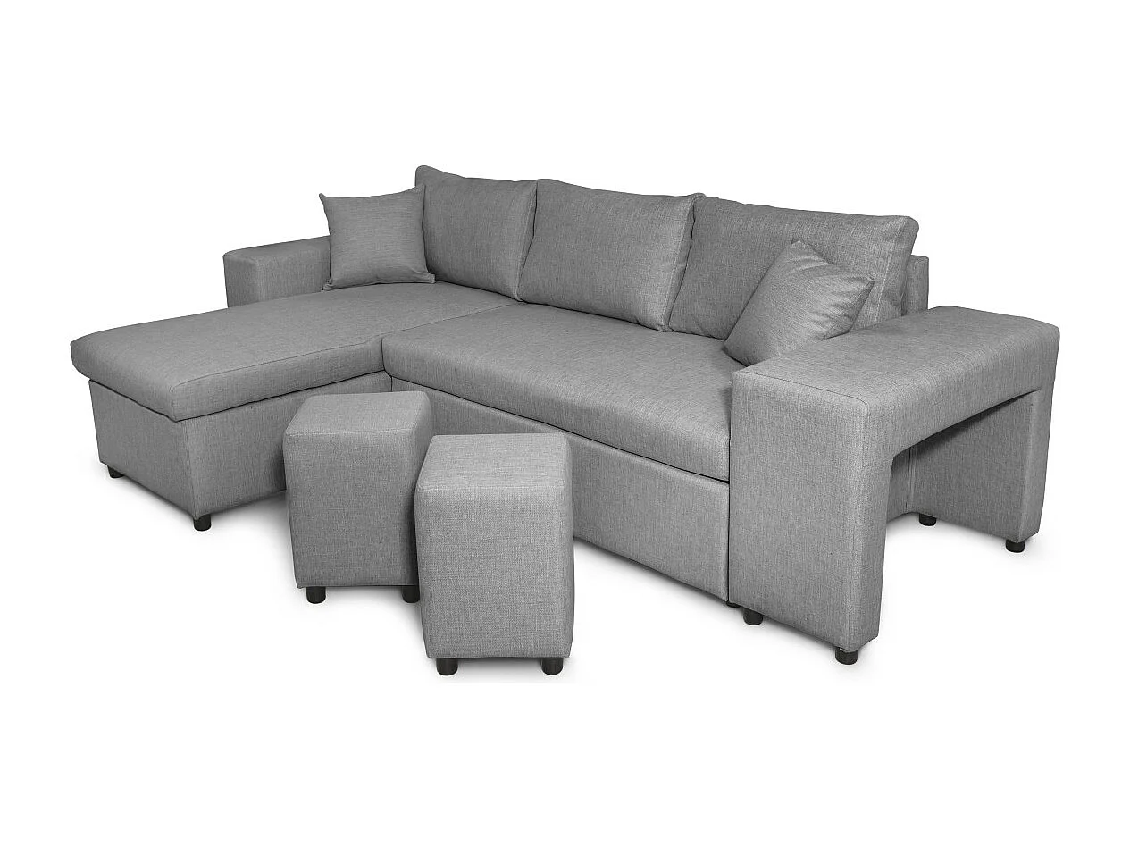 Canapé d'angle réversible Mady avec coffre accoudoir étagère et poufs droit en tissu- Gris clair - L254 x P146 x H81cm - Loungitude