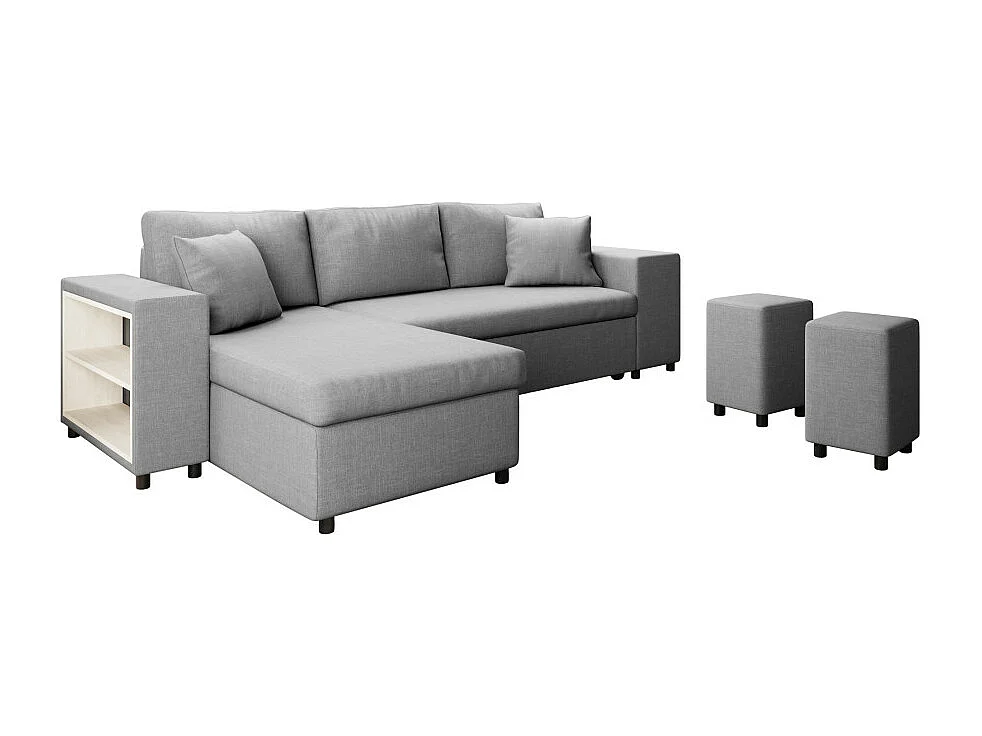 Canapé d'angle réversible Mady avec coffre accoudoir étagère et poufs droit en tissu- Gris clair - L254 x P146 x H81cm - Loungitude