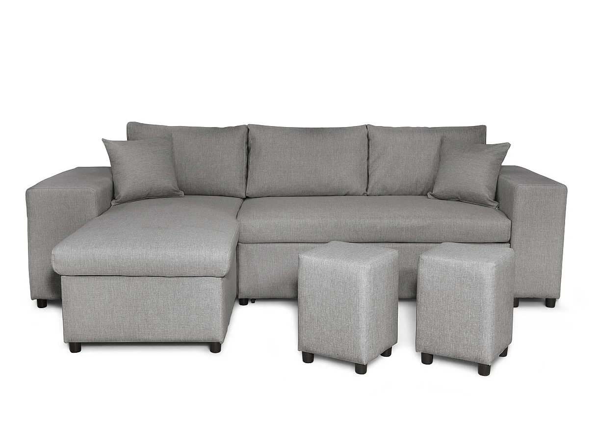 Canapé d'angle convertible 7 places avec pouf en tissu gris clair