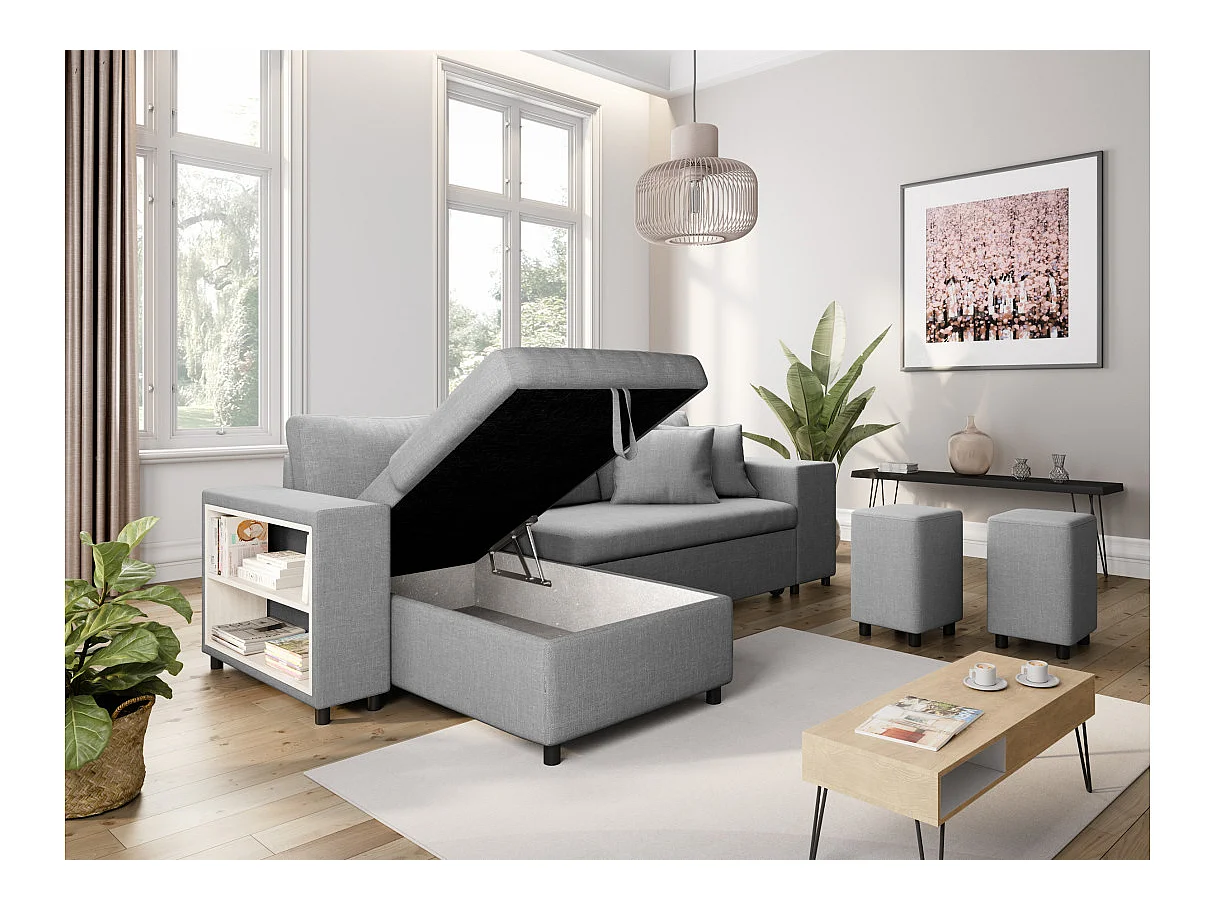 Canapé d'angle convertible 7 places avec pouf en tissu gris clair